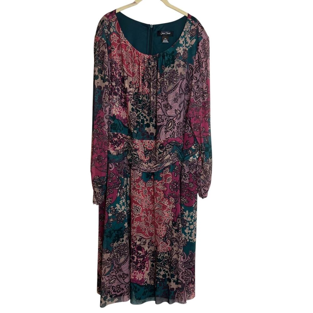 Jessica Howard Womens Midi Dress 24W Multicolor Paisley Print Long Sleeve Dressy